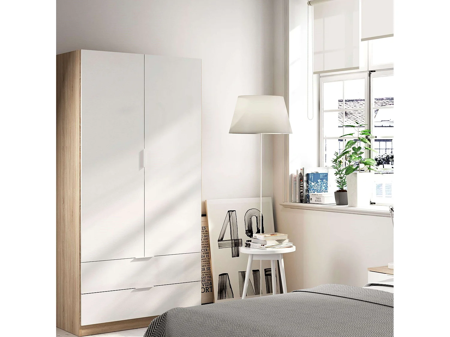 Kinder-/Tienerkast Luca 2 Deuren 2 Lades Canadese Eik en Mat Wit 180x82x52 cm