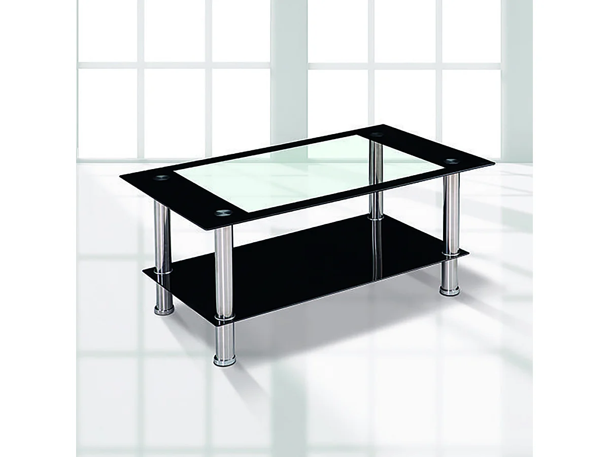 Table basse fixe avec plateau en verre trempé transparent avec bord noir et pieds en acier - Longueur 100 x Hauteur 42 x Profondeur 60 cm