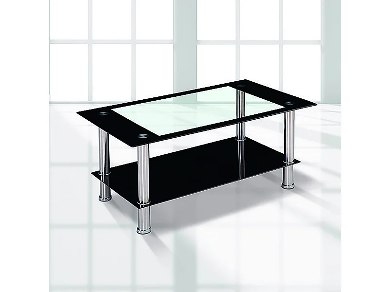 Table basse fixe avec plateau en verre trempé transparent avec bord noir et pieds en acier - Longueur 100 x Hauteur 42 x Profondeur 60 cm