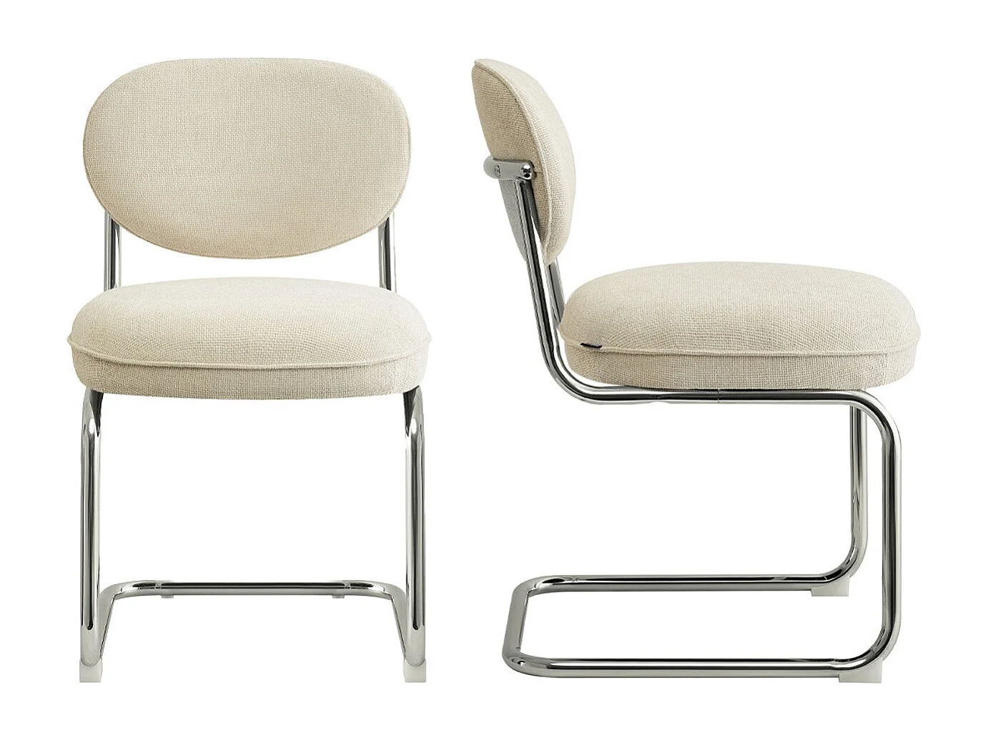 Lot de 2 chaises de salle à manger en tissu chenille beige, piètement chromé - Lou