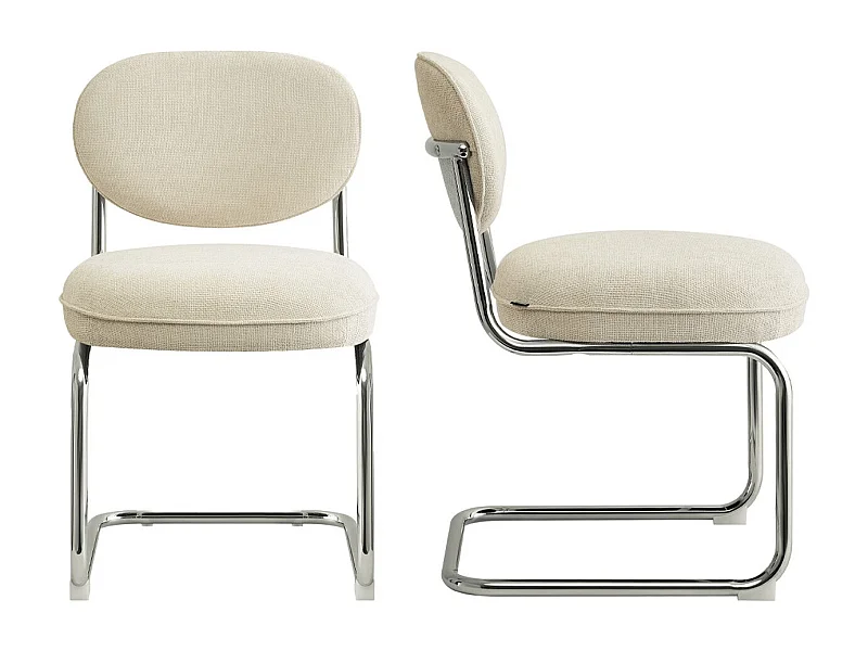 Lot de 2 chaises de salle à manger en tissu chenille beige, piètement chromé - Lou