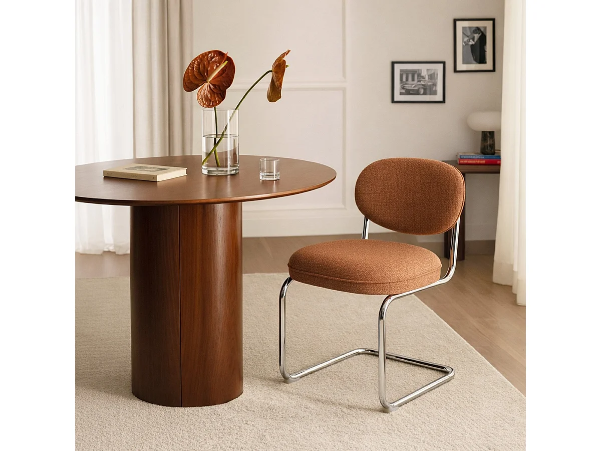 Lot de 2 chaises de salle à manger en tissu chenille terracotta, piètement chromé - Lou