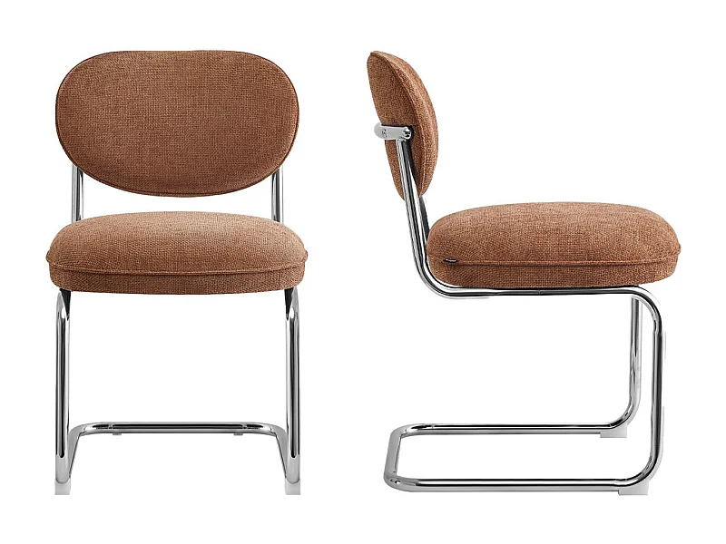 Lot de 2 chaises de salle à manger en tissu chenille terracotta, piètement chromé - Lou