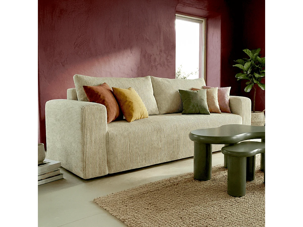 Canapé convertible 3 places en velours côtelé beige - Fjord