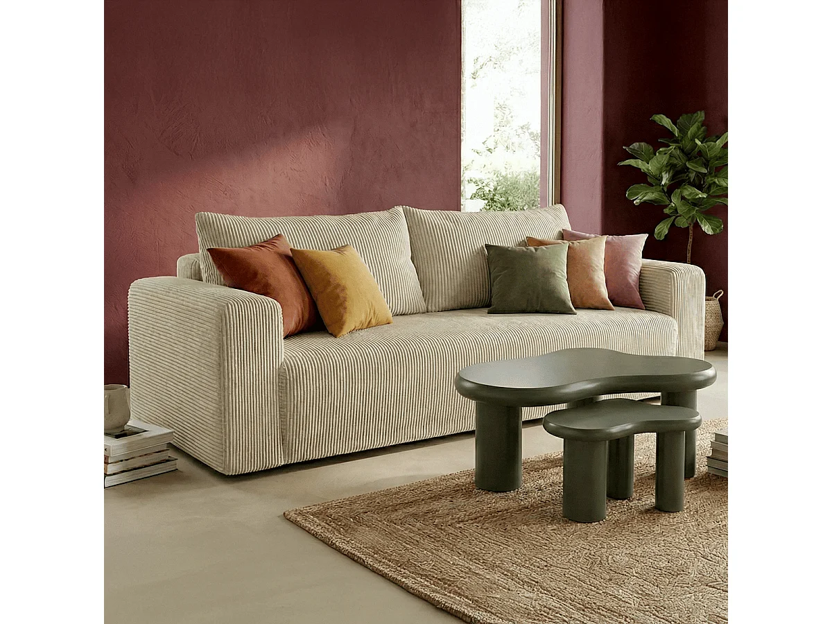 Canapé convertible 3 places en velours côtelé beige - Fjord