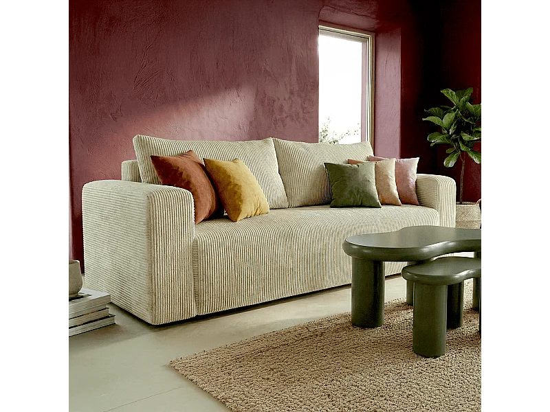 Canapé convertible 3 places en velours côtelé beige - Fjord