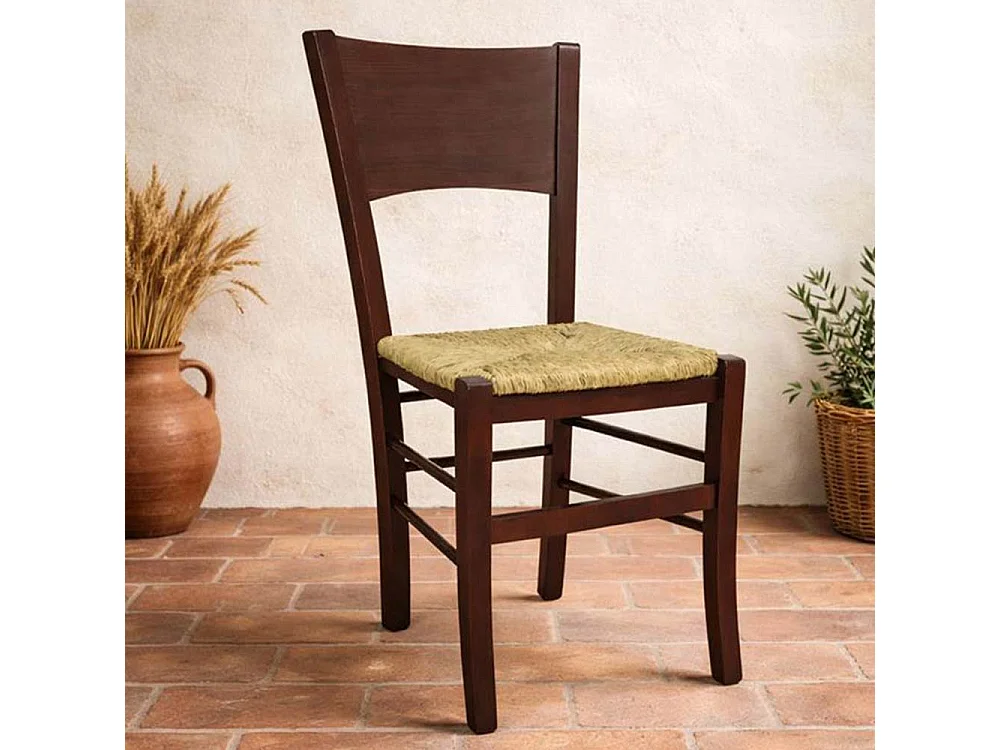 Sillas de comedor Lucy, juego de 2, en madera de nogal oscuro con asiento de paja.