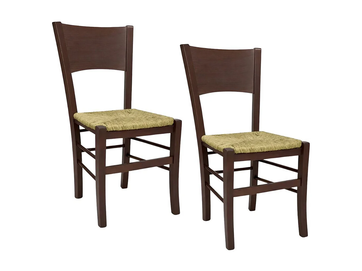 Sillas de comedor Lucy, juego de 2, en madera de nogal oscuro con asiento de paja.