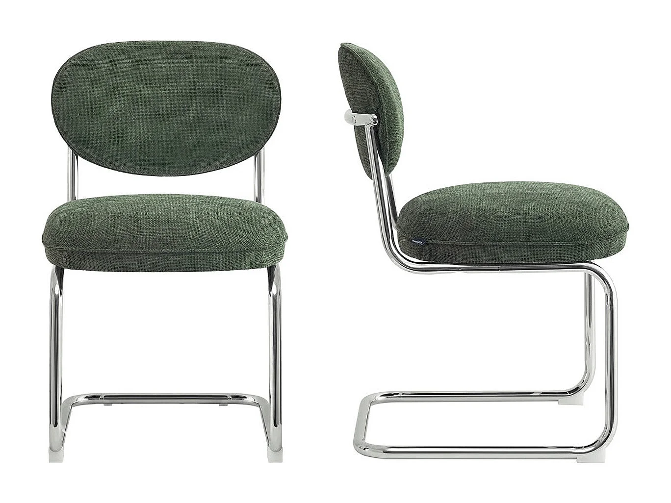 Lot de 2 chaises de salle à manger en tissu chenille vert, piètement chromé - Lou