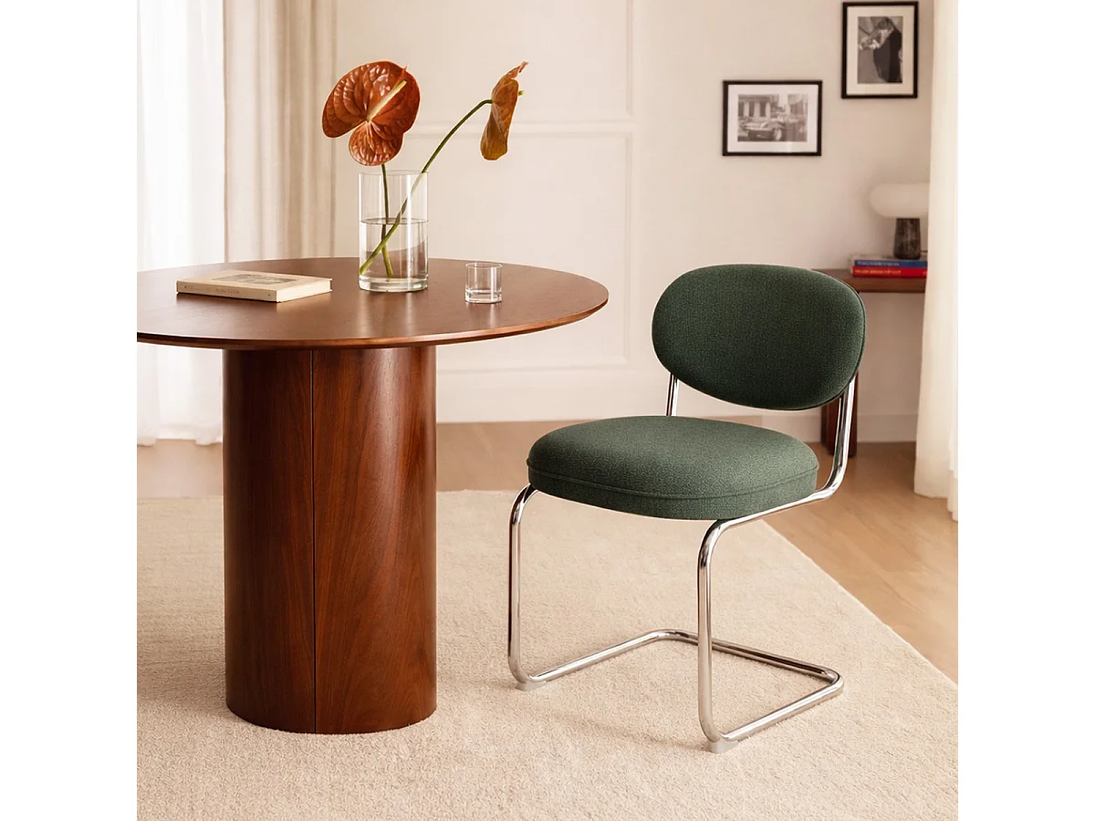 Lot de 2 chaises de salle à manger en tissu chenille vert, piètement chromé - Lou