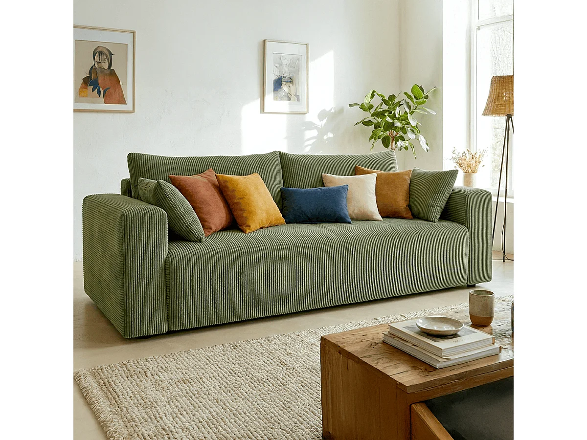 Canapé convertible 3 places en velours côtelé vert kaki - Fjord