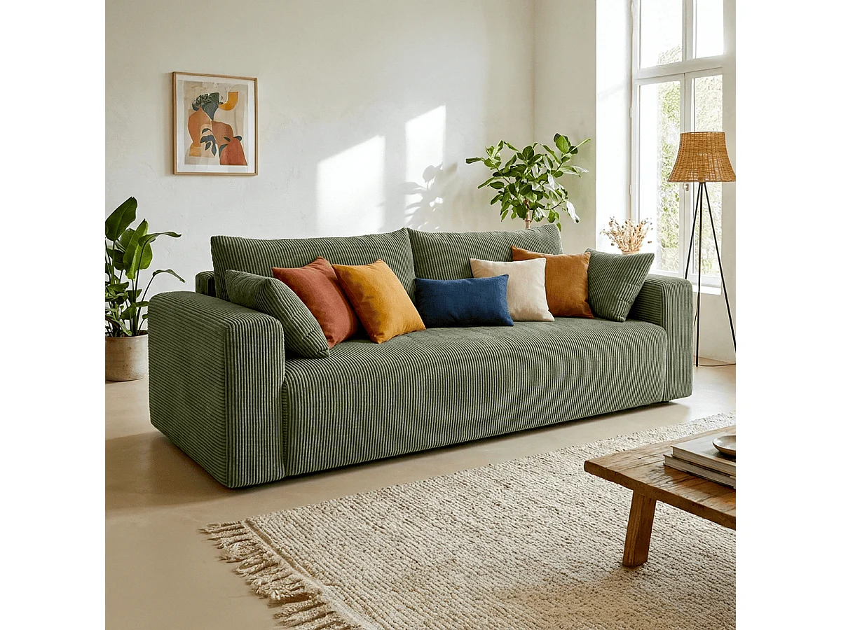 Canapé convertible 3 places en velours côtelé vert kaki - Fjord
