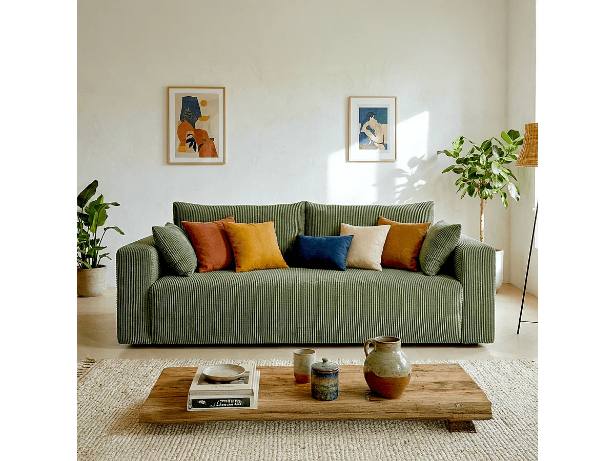 Canapé convertible 3 places en velours côtelé vert kaki - Fjord