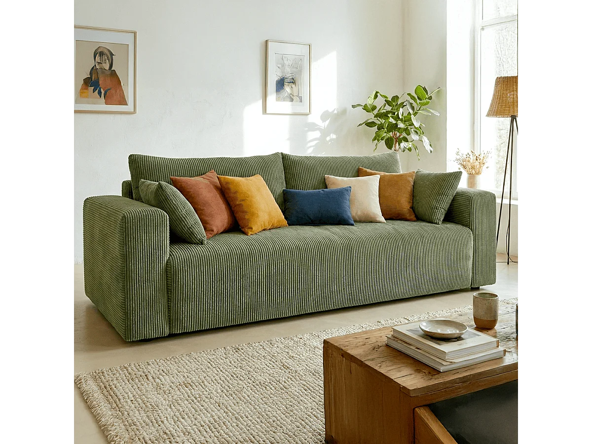 Canapé convertible 3 places en velours côtelé vert kaki - Fjord