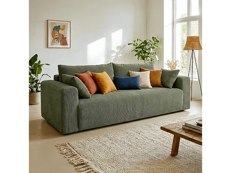 Canapé convertible 3 places en velours côtelé vert kaki - Fjord