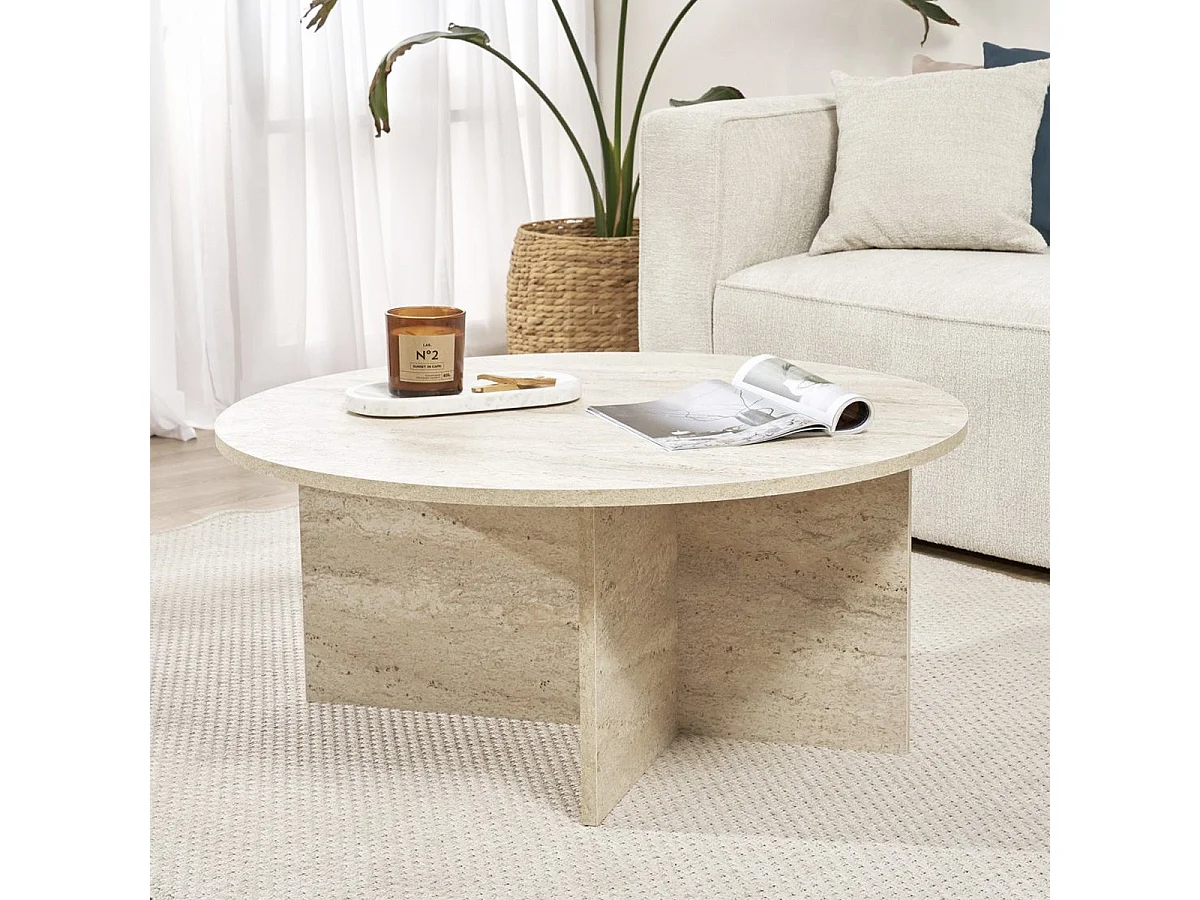 Table basse ronde effet Travertin Ø90 cm - Zelis