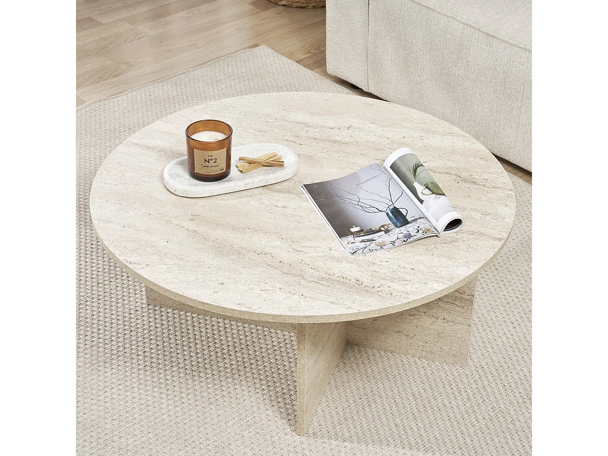 Table basse ronde effet Travertin Ø90 cm - Zelis