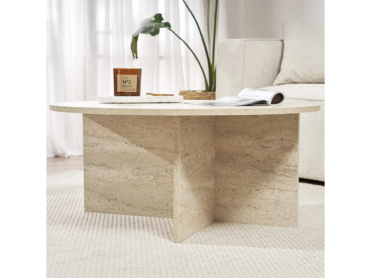 Table basse ronde effet Travertin Ø90 cm - Zelis