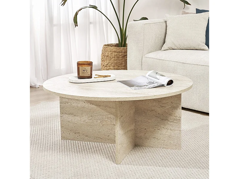 Table basse ronde effet Travertin Ø90 cm - Zelis
