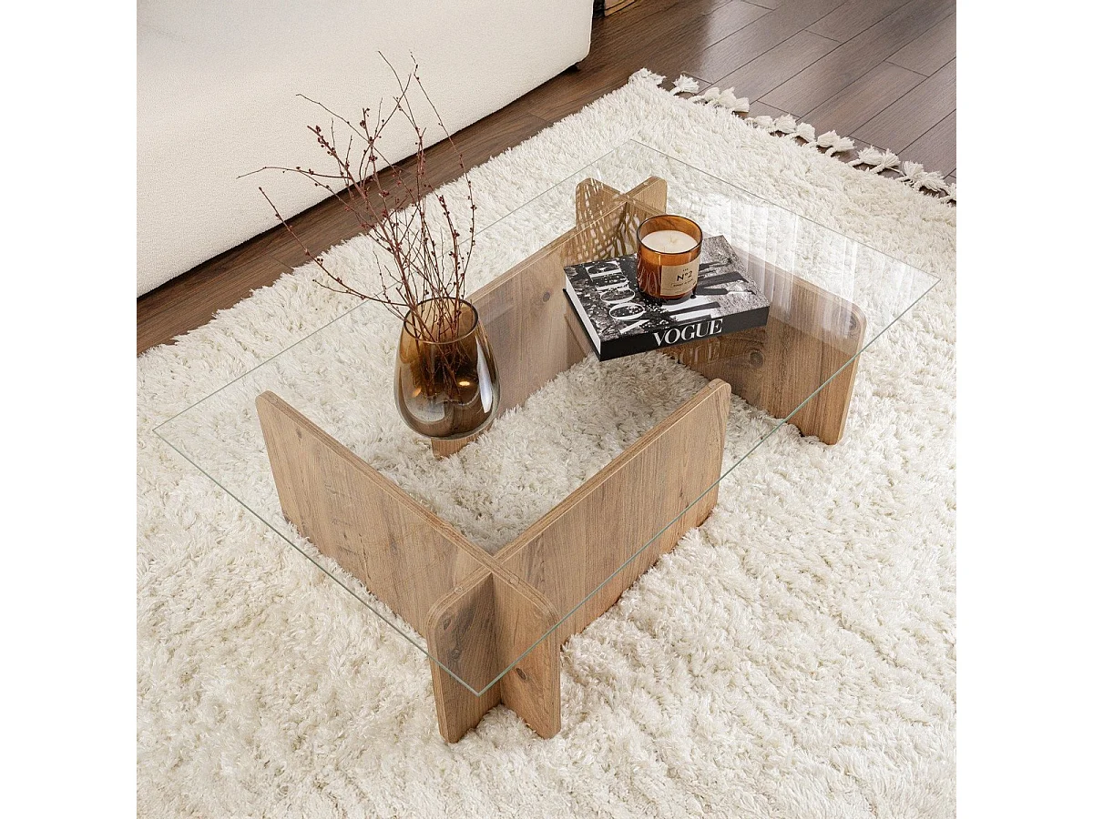 Table basse rectangulaire effet Bois et verre 105 cm - Naelis