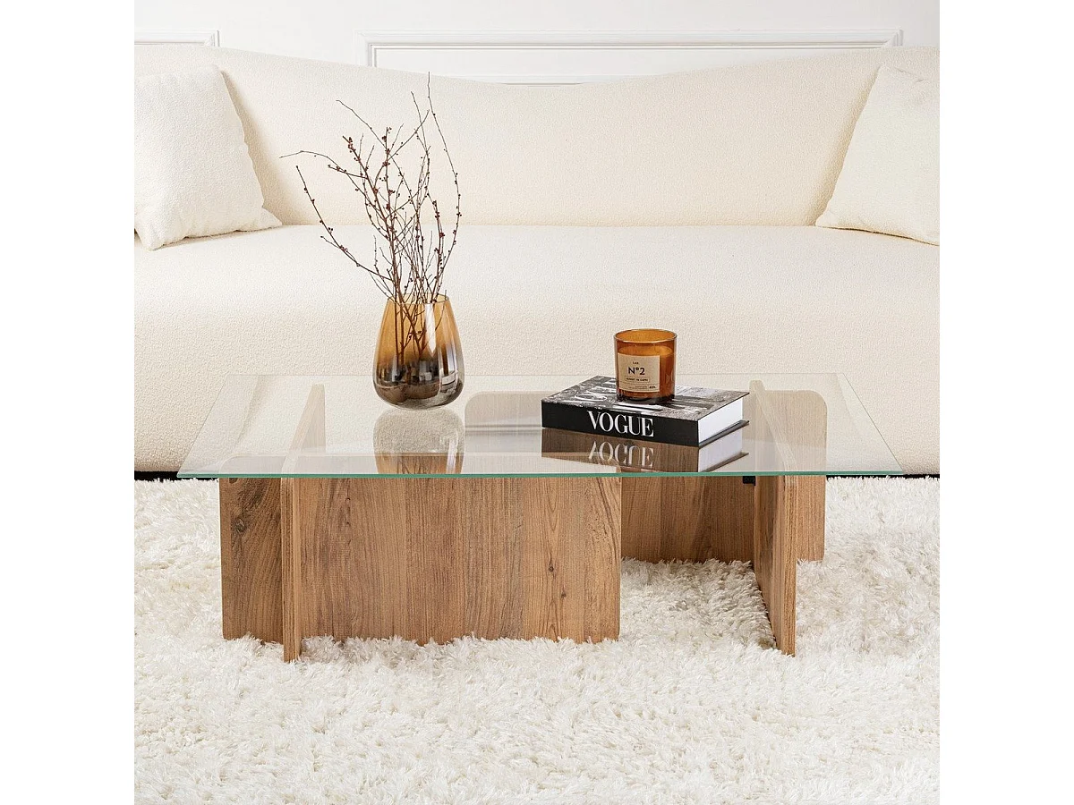 Table basse rectangulaire effet Bois et verre 105 cm - Naelis