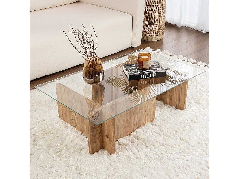 Table basse rectangulaire effet Bois et verre 105 cm - Naelis