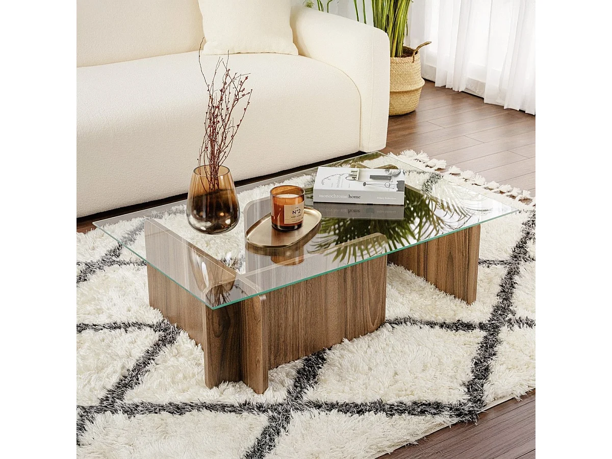 Table basse rectangulaire effet Noyer et verre 105 cm - Naelis