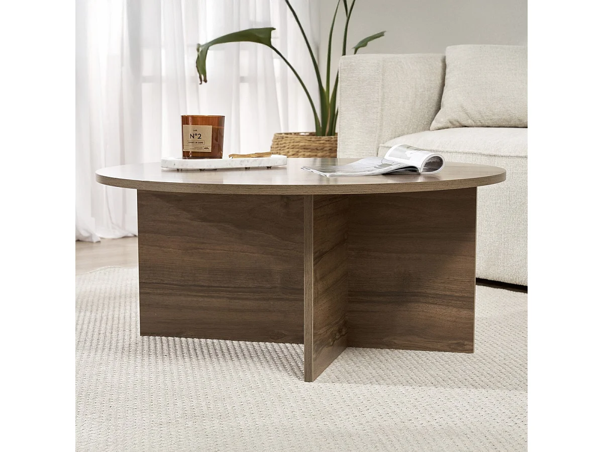 Table basse ronde effet Noyer Ø90 cm - Zelis