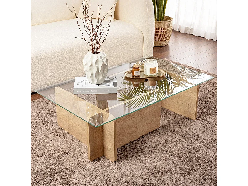 Table basse rectangulaire effet Chêne clair et verre 105 cm - Naelis