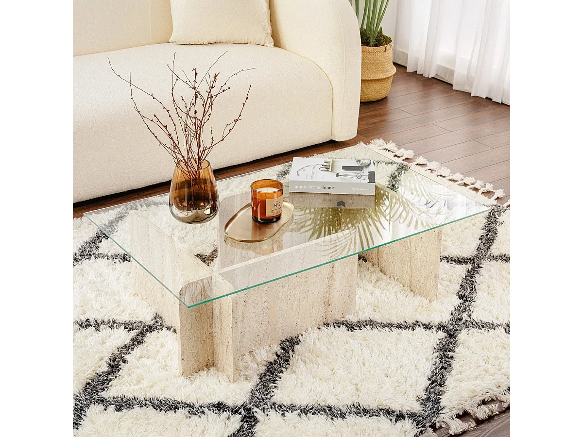 Table basse rectangulaire effet Travertin et verre 105 cm - Naelis