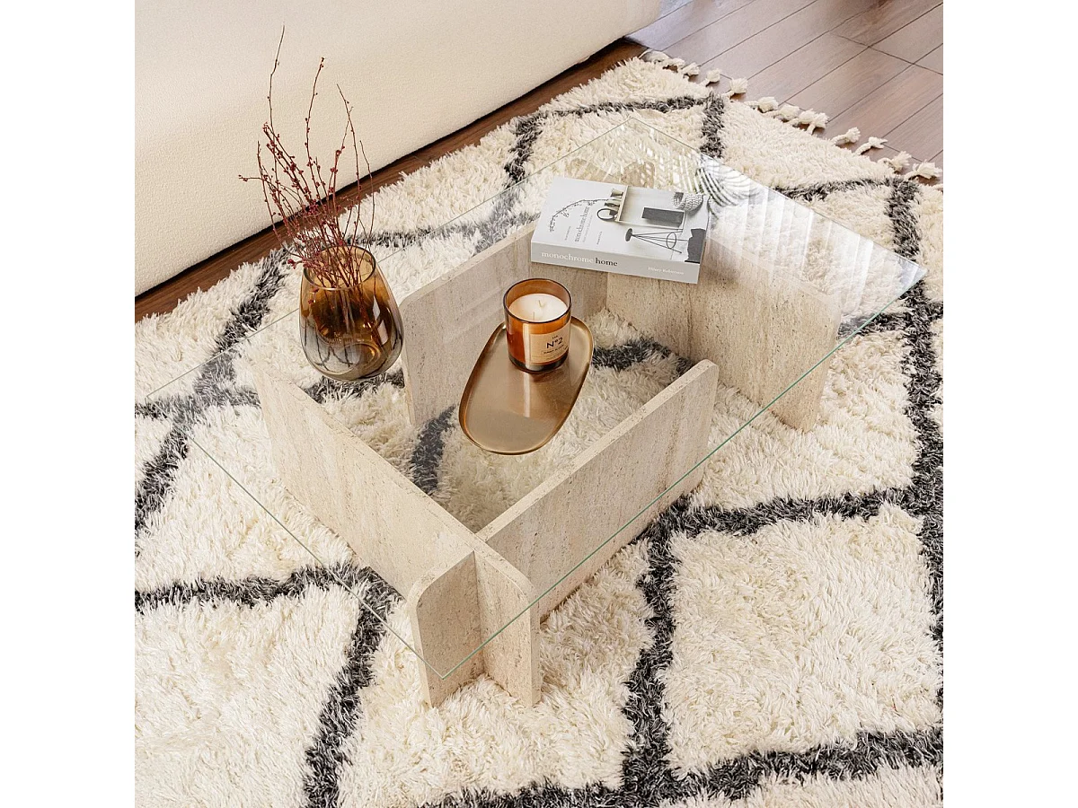 Table basse rectangulaire effet Travertin et verre 105 cm - Naelis