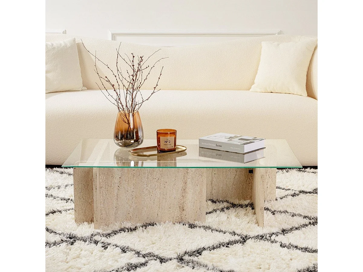 Table basse rectangulaire effet Travertin et verre 105 cm - Naelis