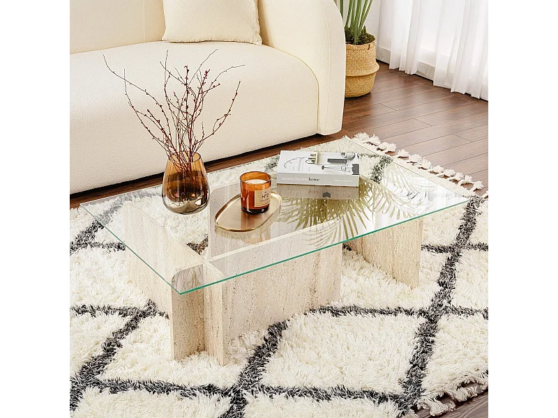 Table basse rectangulaire effet Travertin et verre 105 cm - Naelis