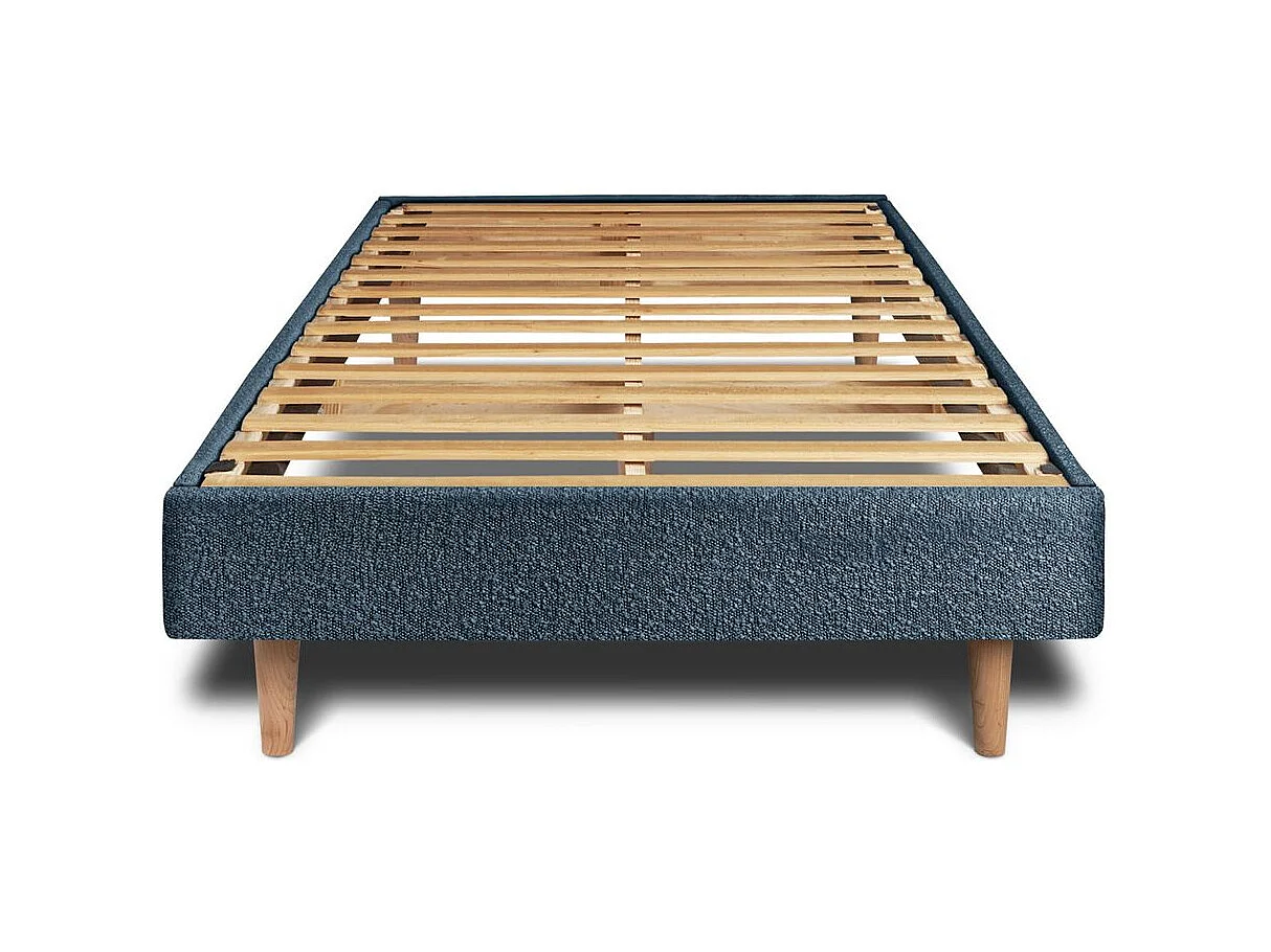 Lit 90x200cm avec tête de lit capitonnée bouclette et sommier kit Bleu - Hauteur totale : 29cm