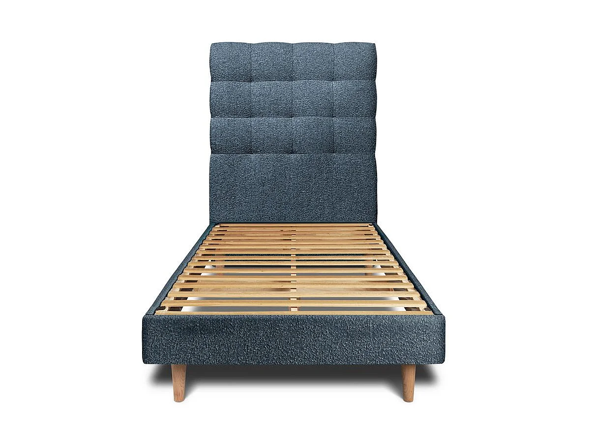 Lit 90x200cm avec tête de lit capitonnée bouclette et sommier kit Bleu - Hauteur totale : 29cm