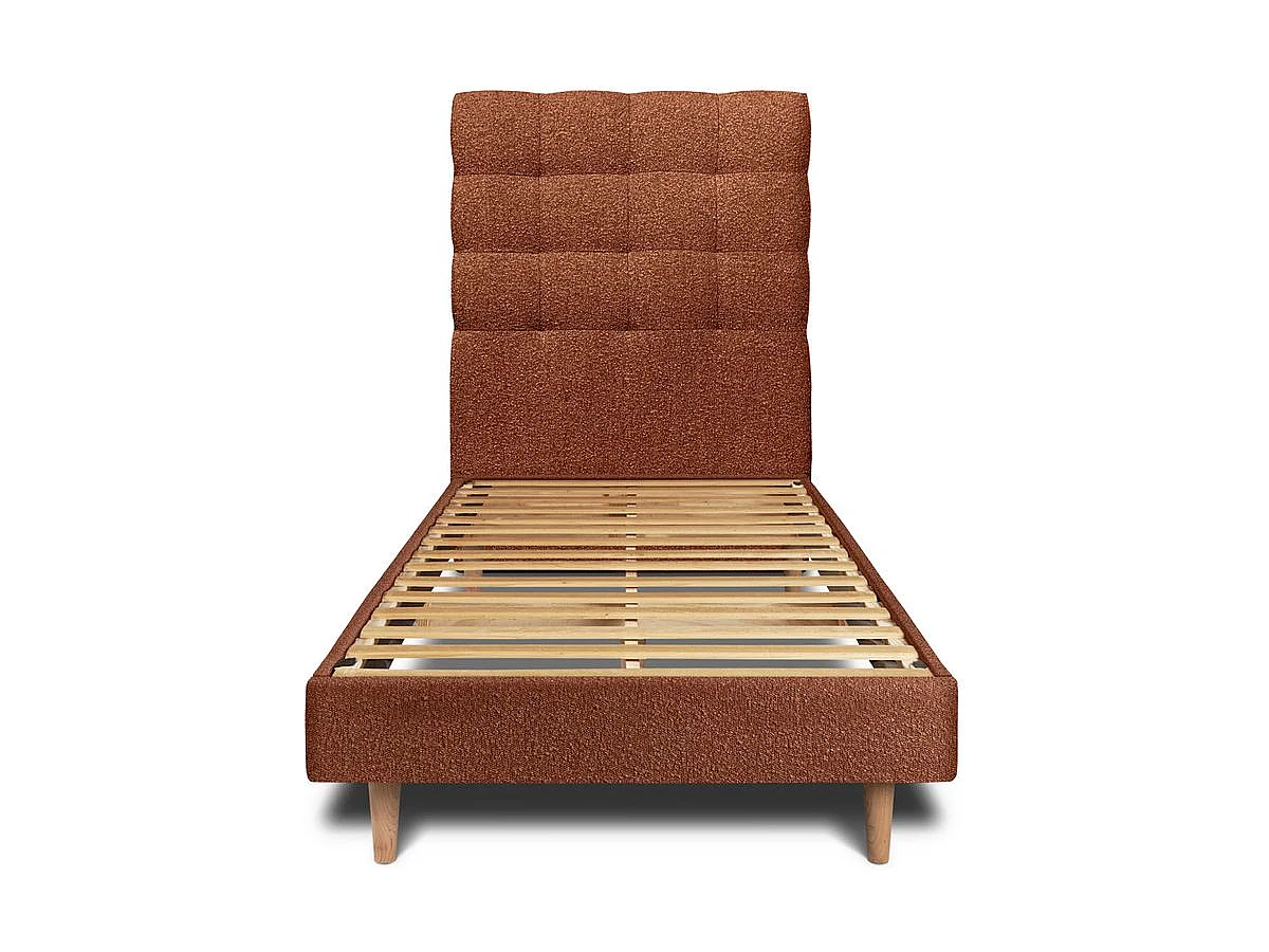 Lit 90x200cm avec tête de lit capitonnée bouclette et sommier kit Terracotta - Hauteur totale : 29cm