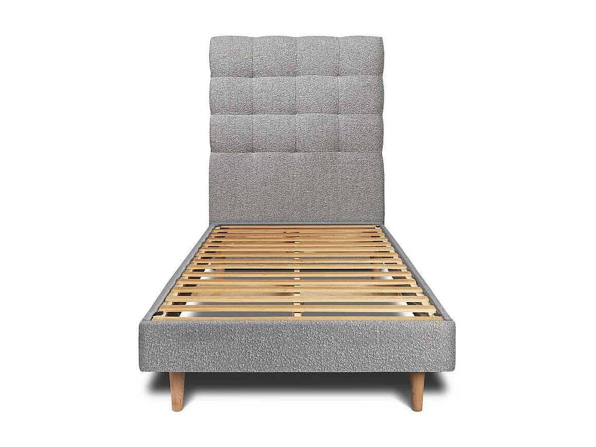 Lit 90x200cm avec tête de lit capitonnée bouclette et sommier kit Gris - Hauteur totale : 29cm