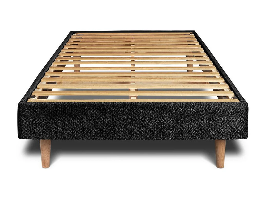 Lit 90x200cm avec tête de lit capitonnée bouclette et sommier kit Noir - Hauteur totale : 29cm