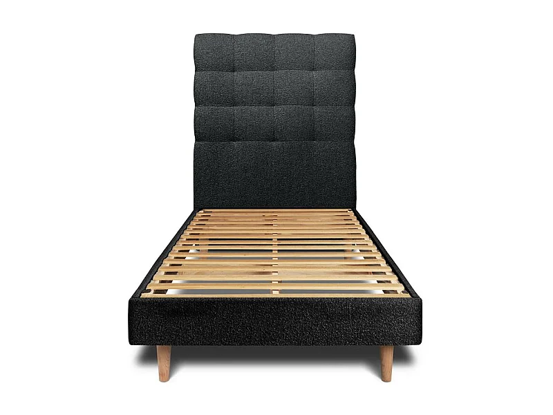 Lit 90x200cm avec tête de lit capitonnée bouclette et sommier kit Noir - Hauteur totale : 29cm