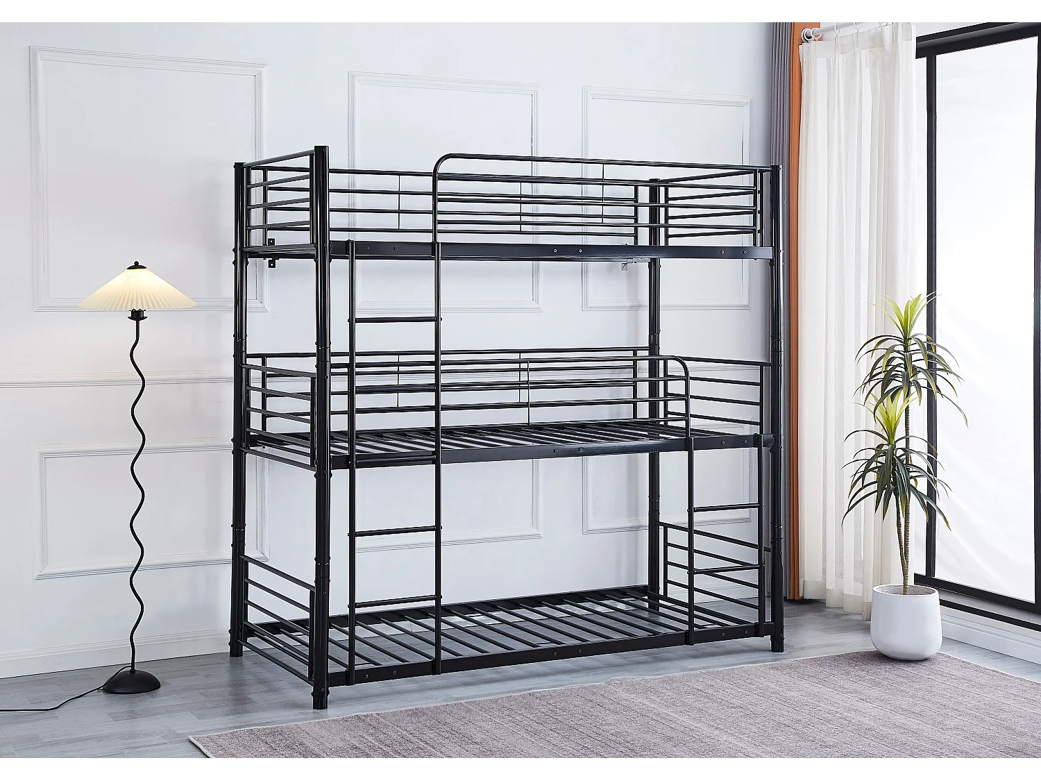 Pack: Lit superposé en métal TRIPLE 3 étages +  Matelas compris 3 couchages 90x190 cm Noir