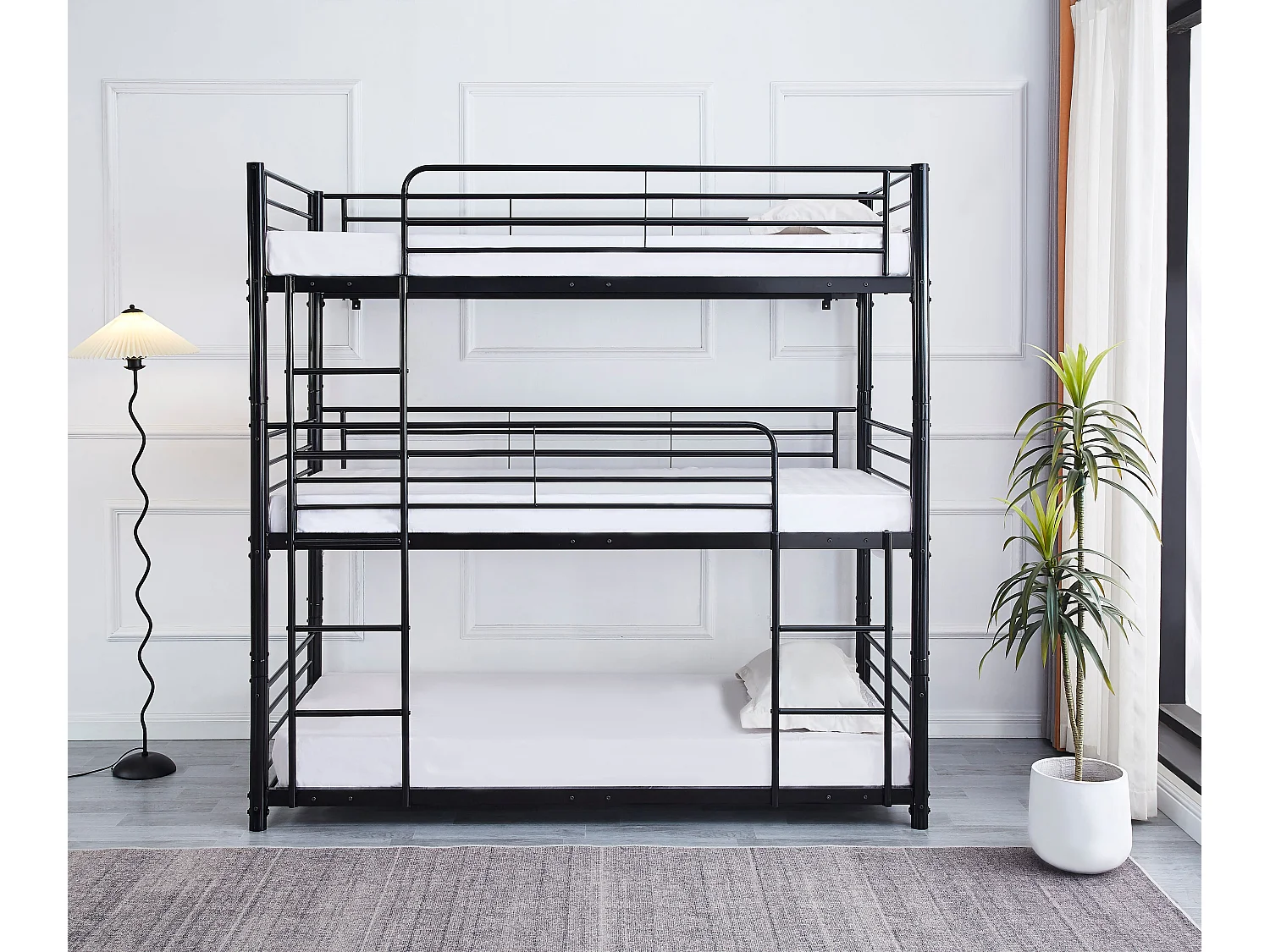 Pack: Lit superposé en métal TRIPLE 3 étages +  Matelas compris 3 couchages 90x190 cm Noir