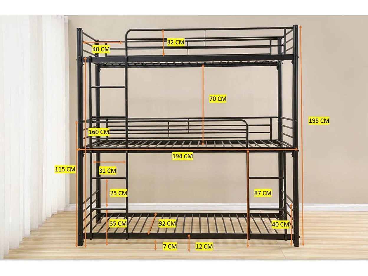 Pack Lit superposé en métal noir 3 couchages 90x190 avec matelas TRIPLE