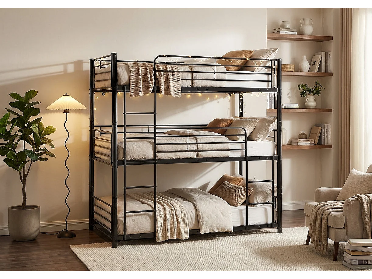 Pack Lit superposé en métal noir 3 couchages 90x190 avec matelas TRIPLE
