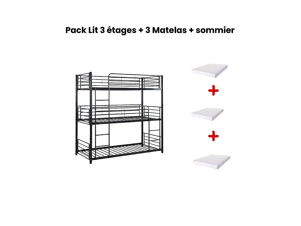 Pack Lit superposé en métal noir 3 couchages 90x190 avec matelas TRIPLE