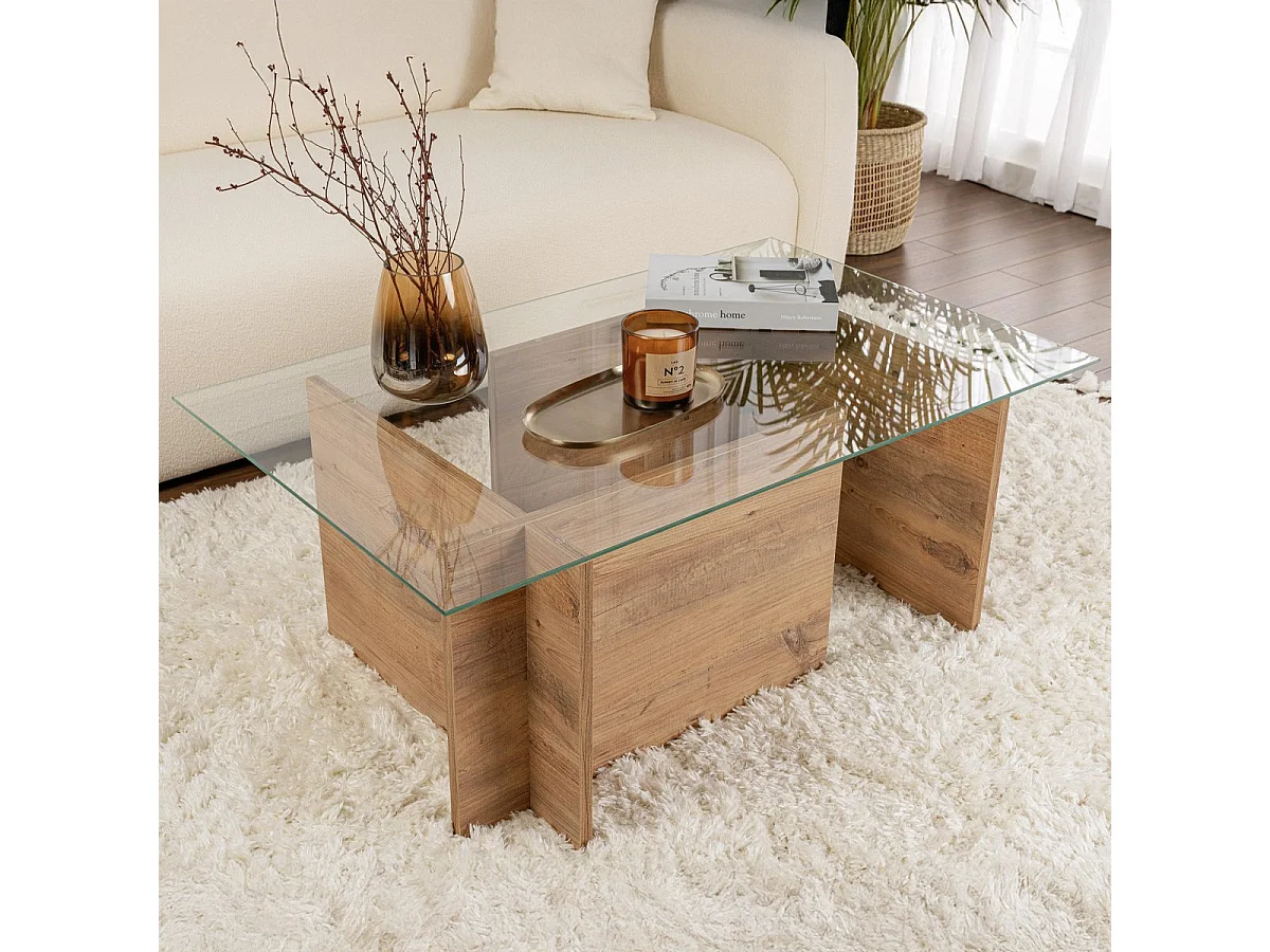 Table basse rectangulaire effet Bois et verre 105 cm - Kael