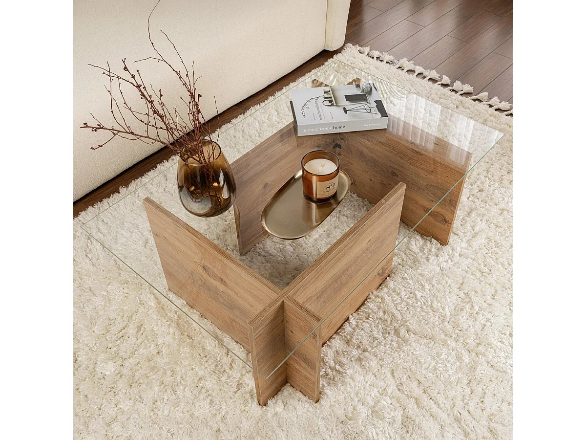Table basse rectangulaire effet Bois et verre 105 cm - Kael