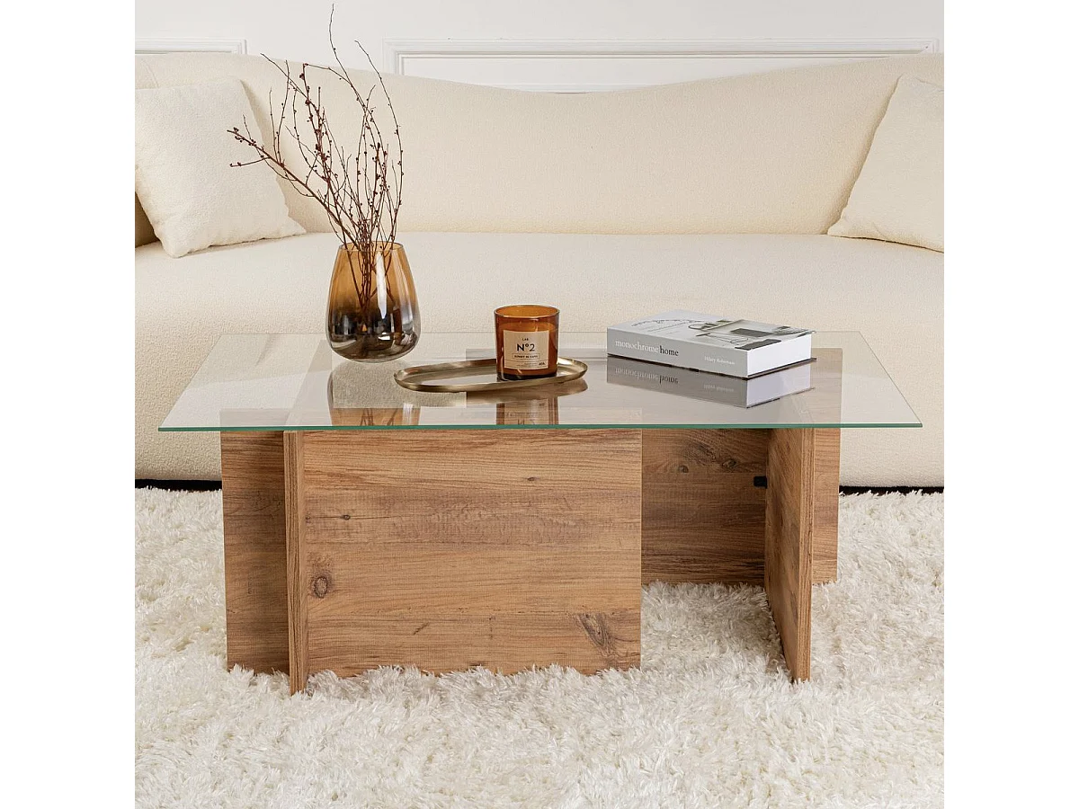 Table basse rectangulaire effet Bois et verre 105 cm - Kael