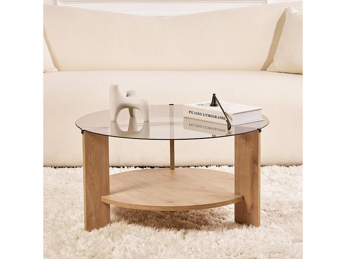 Table basse ronde effet Chêne et verre fumé Ø75 cm - Elora