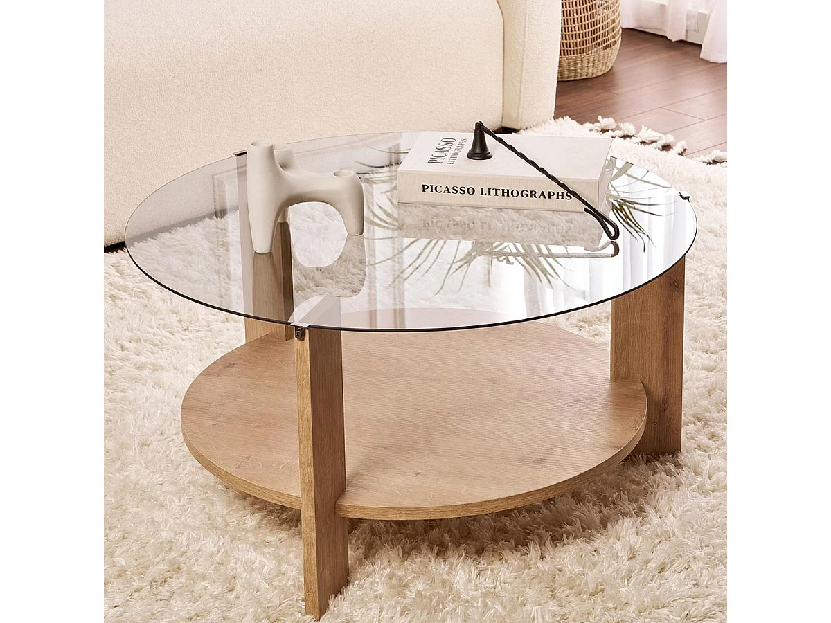 Table basse ronde effet Chêne et verre fumé Ø75 cm - Elora