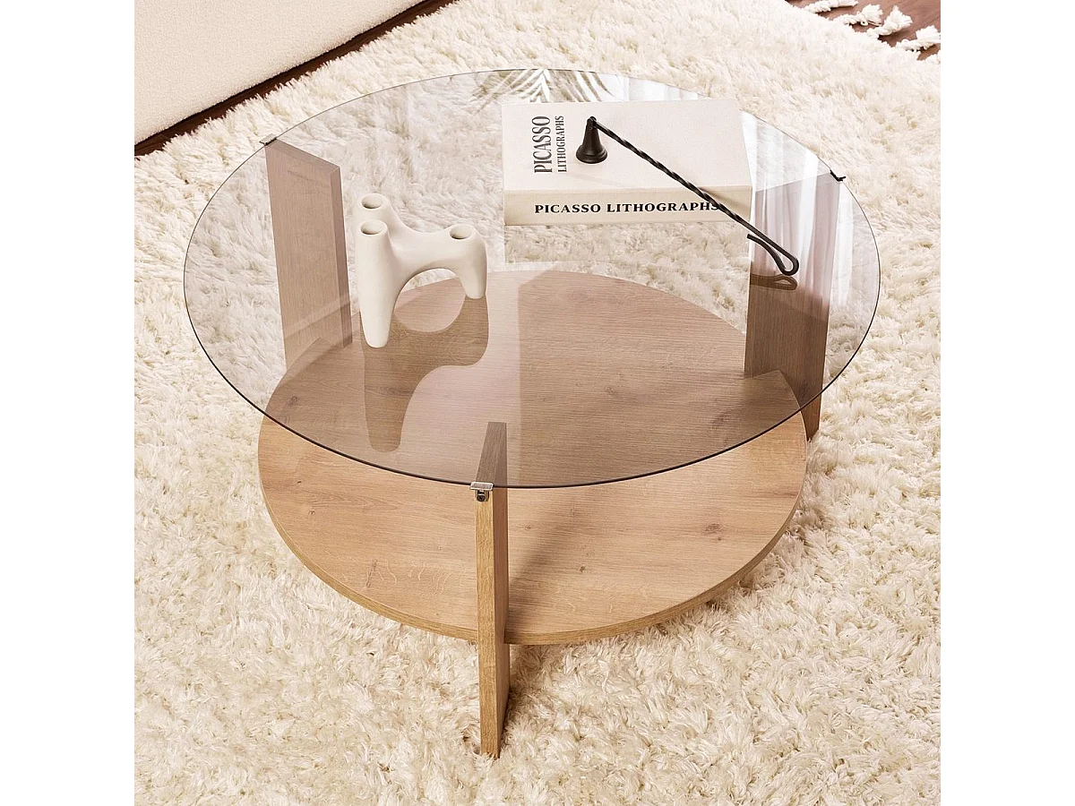Table basse ronde effet Chêne et verre fumé Ø75 cm - Elora